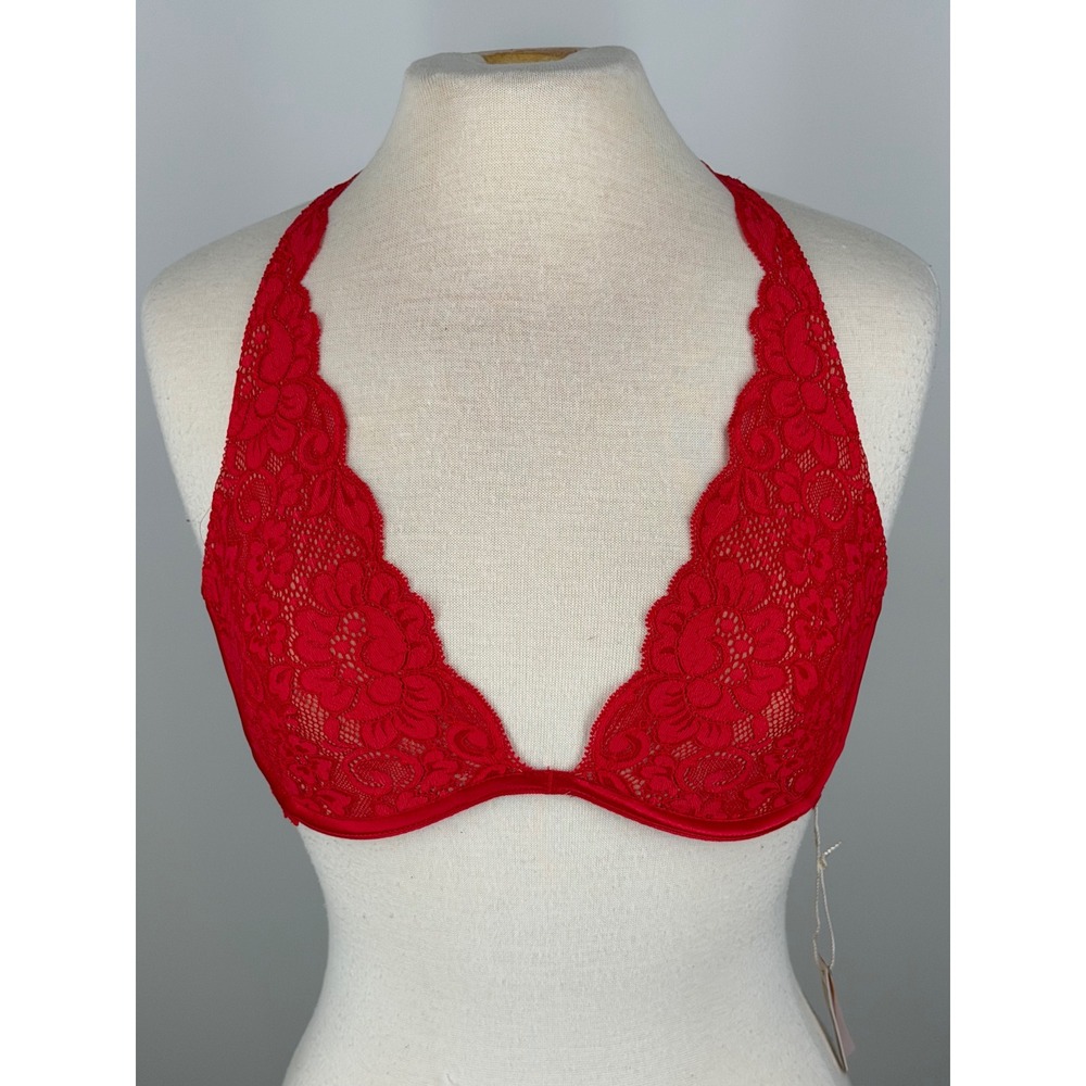 HAH Siren Red 2 Timer Bra Floral Lace Halter Triangle Bralette 28-36DD NEW